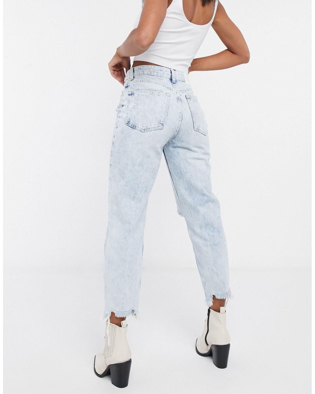 Bershka Ripped Mom Jean With Distressed Hem in Blue | Lyst