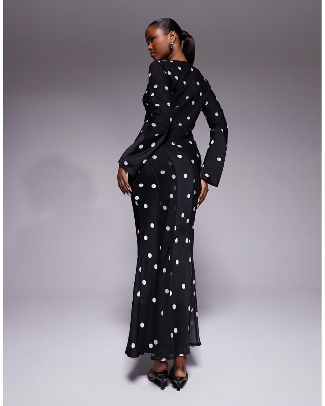 ASOS Black Satin Slash Neck Long Sleeve Maxi Dress With Raw Edge Panel Detail