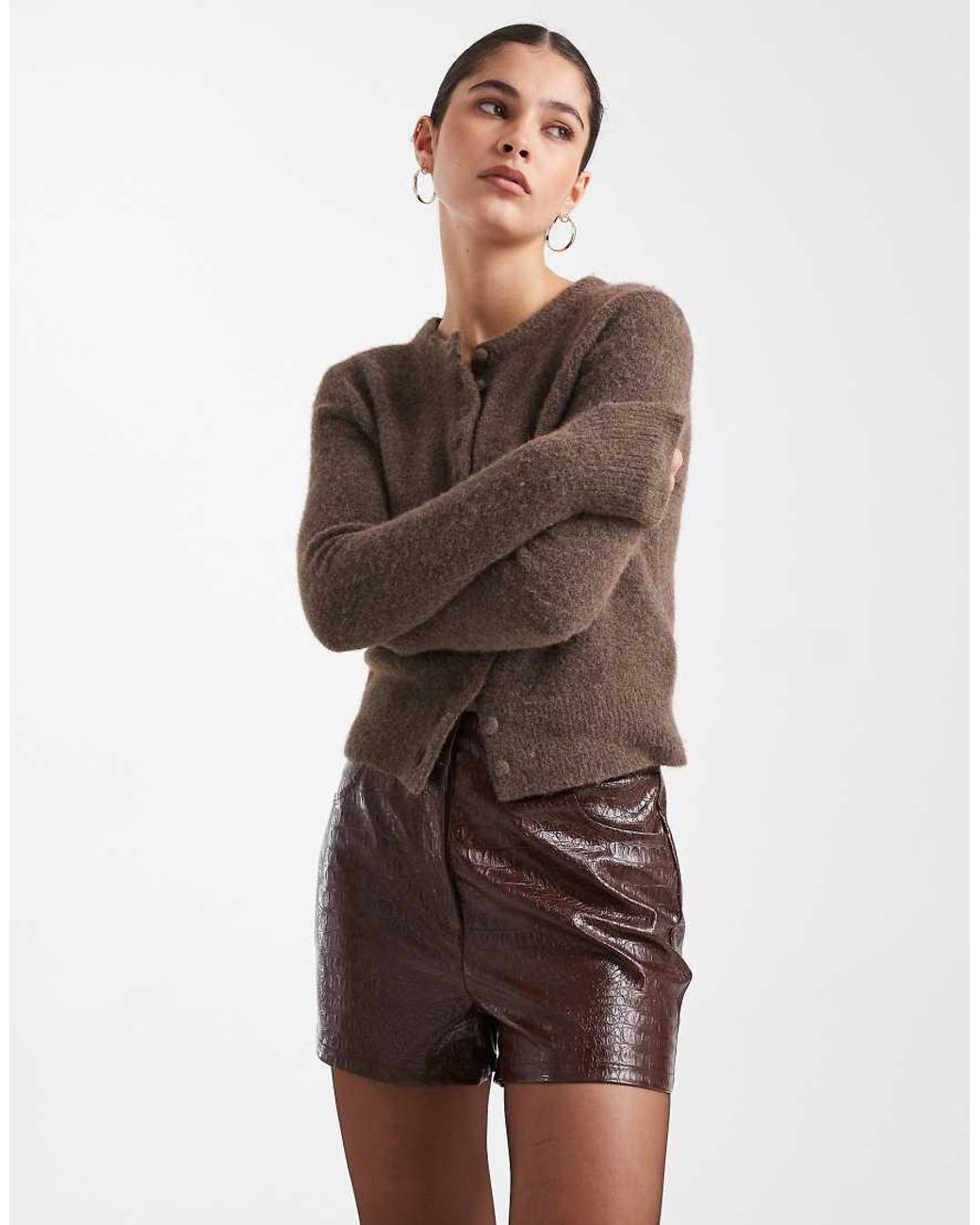 Miss Selfridge Brown Faux Leather Croc Booty Short