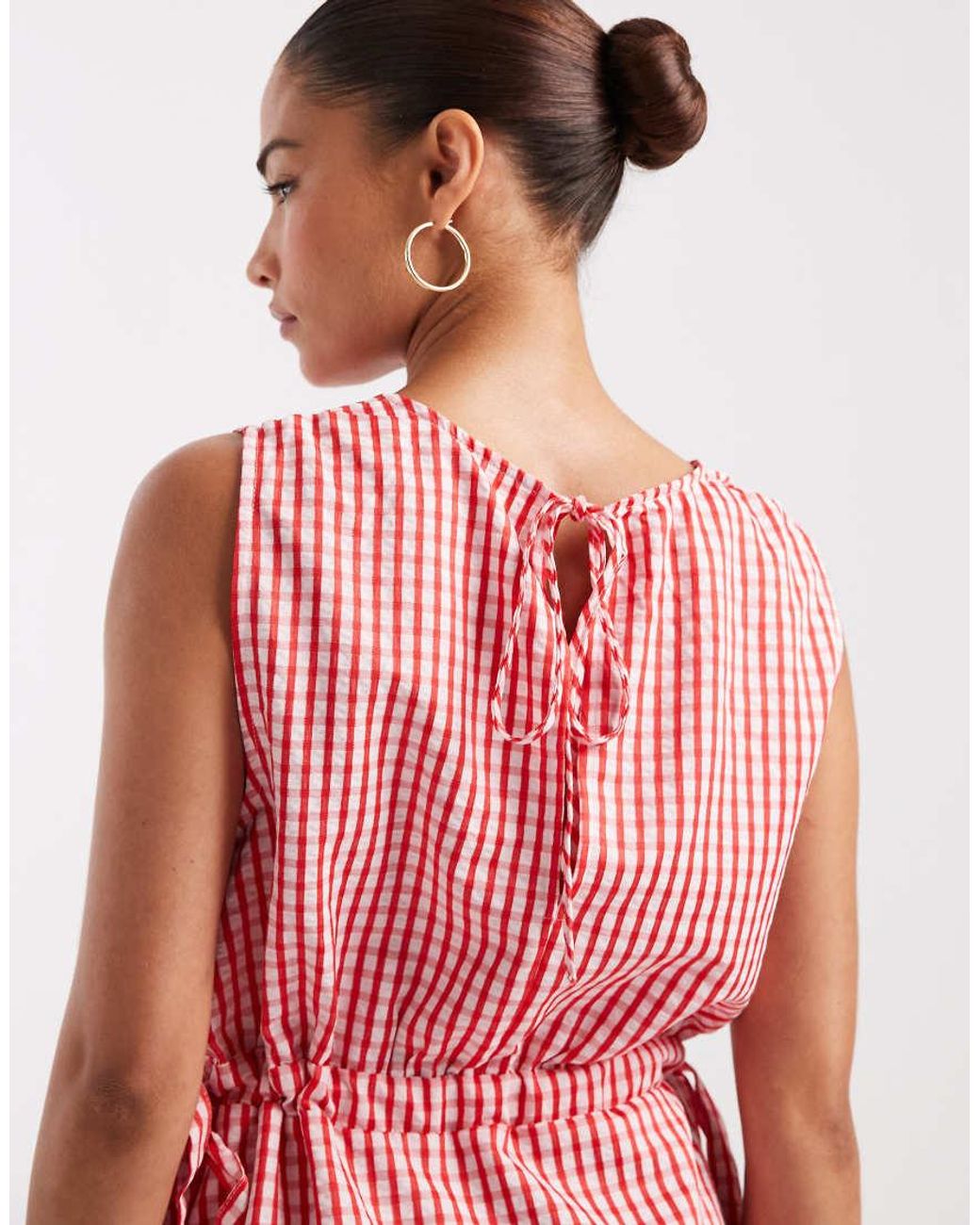 Vero Moda Red Sleeveless Bow Tie Side Seersucker Mini Dress