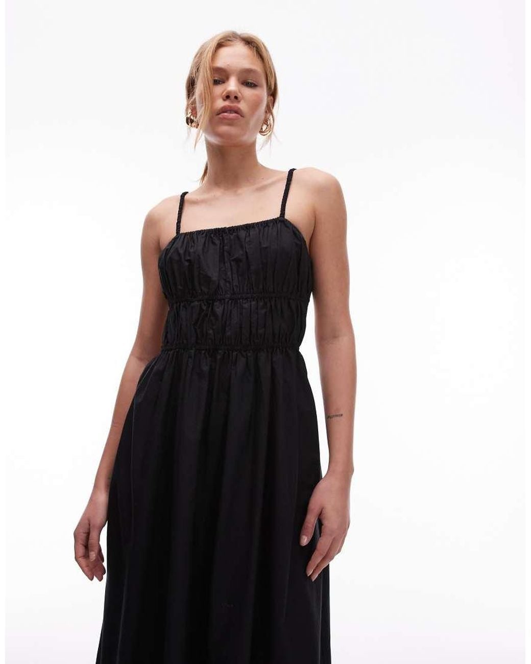 TOPSHOP White Shirred Poplin Midi Dress