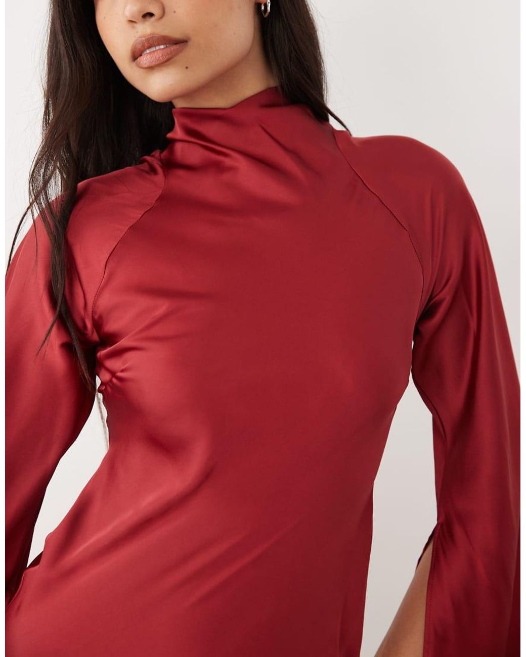 ASOS Red Satin Maxi Dress With Split Sleeve And Scarf Detail