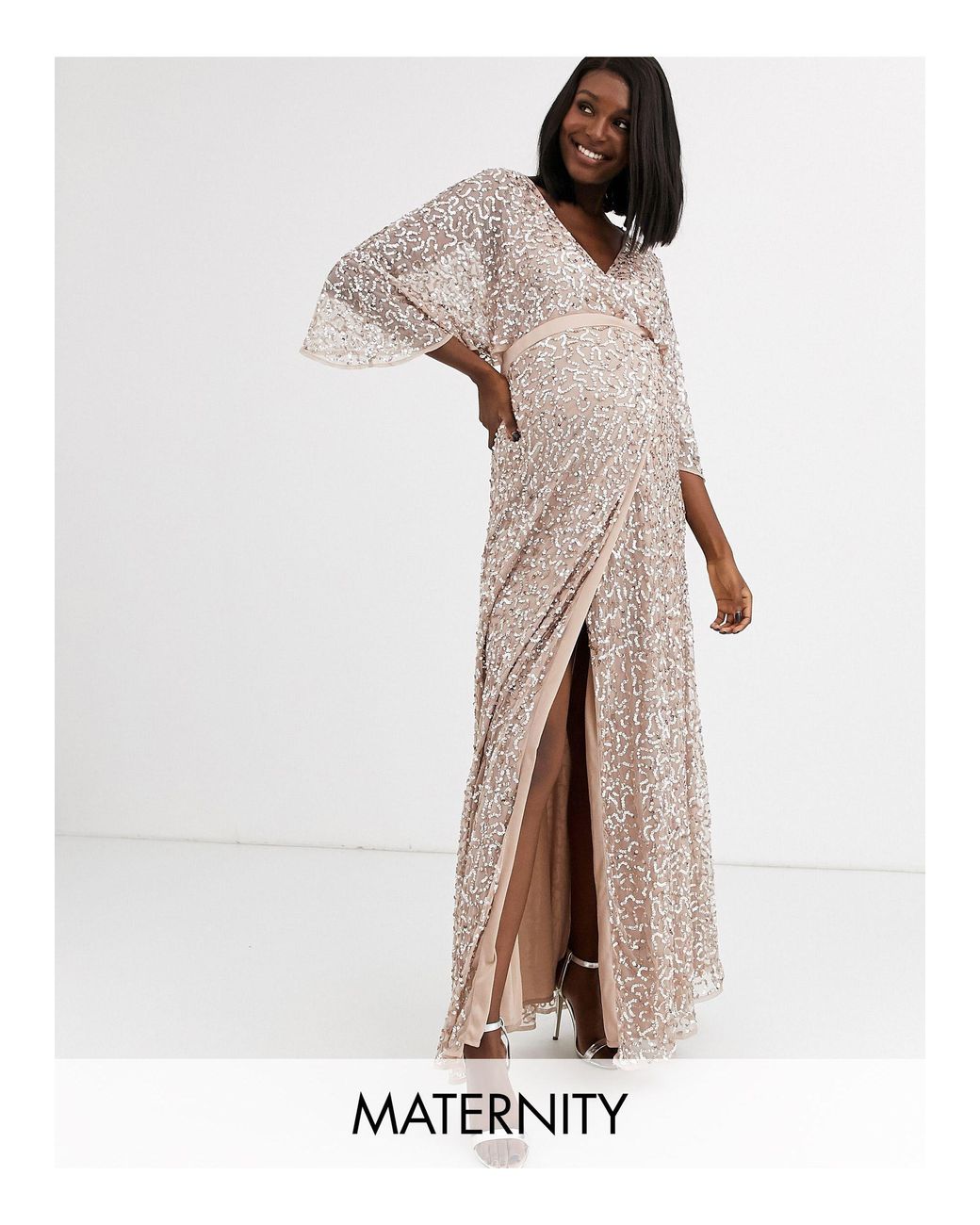 Maya Maternity Robe cache-cœur délicate à sequins coupe longue pour  demoiselle d'honneur - blush taupe femme