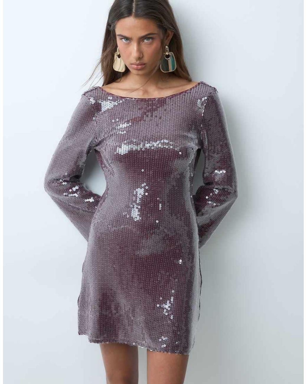 TFNC London Purple Sequin Fluted Sleeve Scoop Low Back Mini Dress
