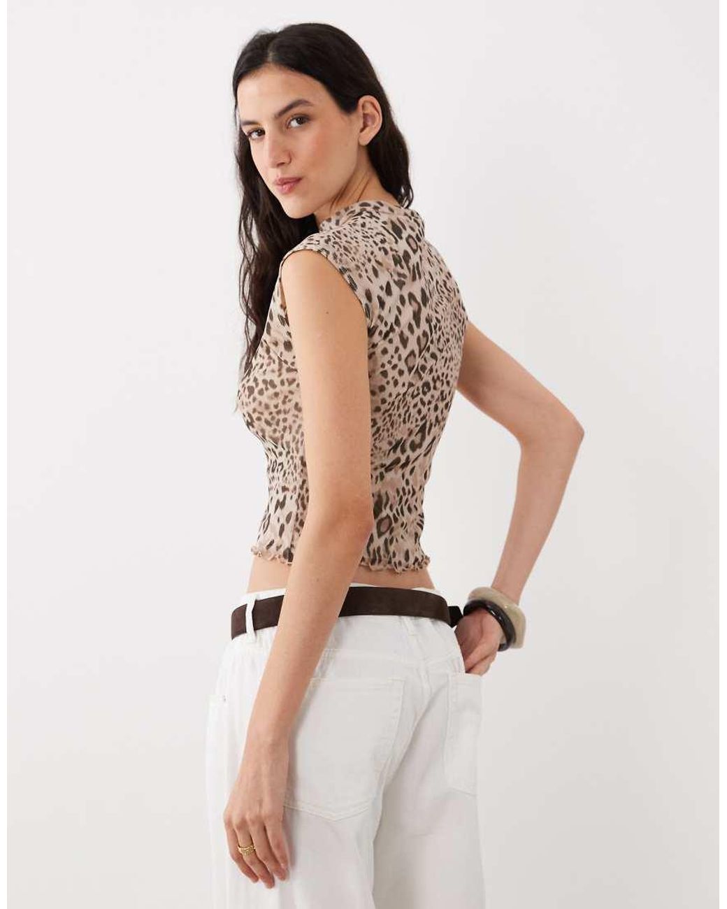 Miss Selfridge Brown Short Sleeve Top With Tie Up Mandarin Collar