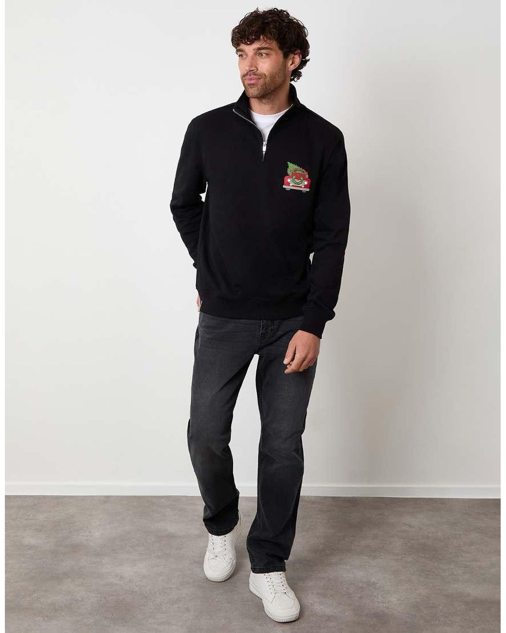 Threadbare Blue Christmas Graphic Print Quarter Zip Sweatshirt for men