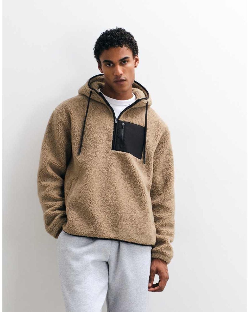 ASOS Natural Relaxed Borg Quarter Zip Hoodie With Nylon Pockets for men