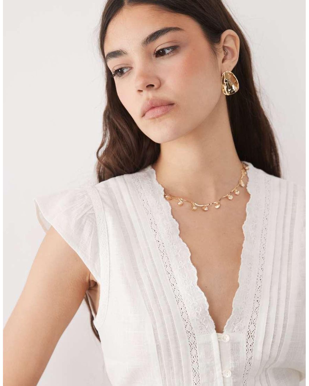 New Look Natural Lace Tie Detail Tea Top