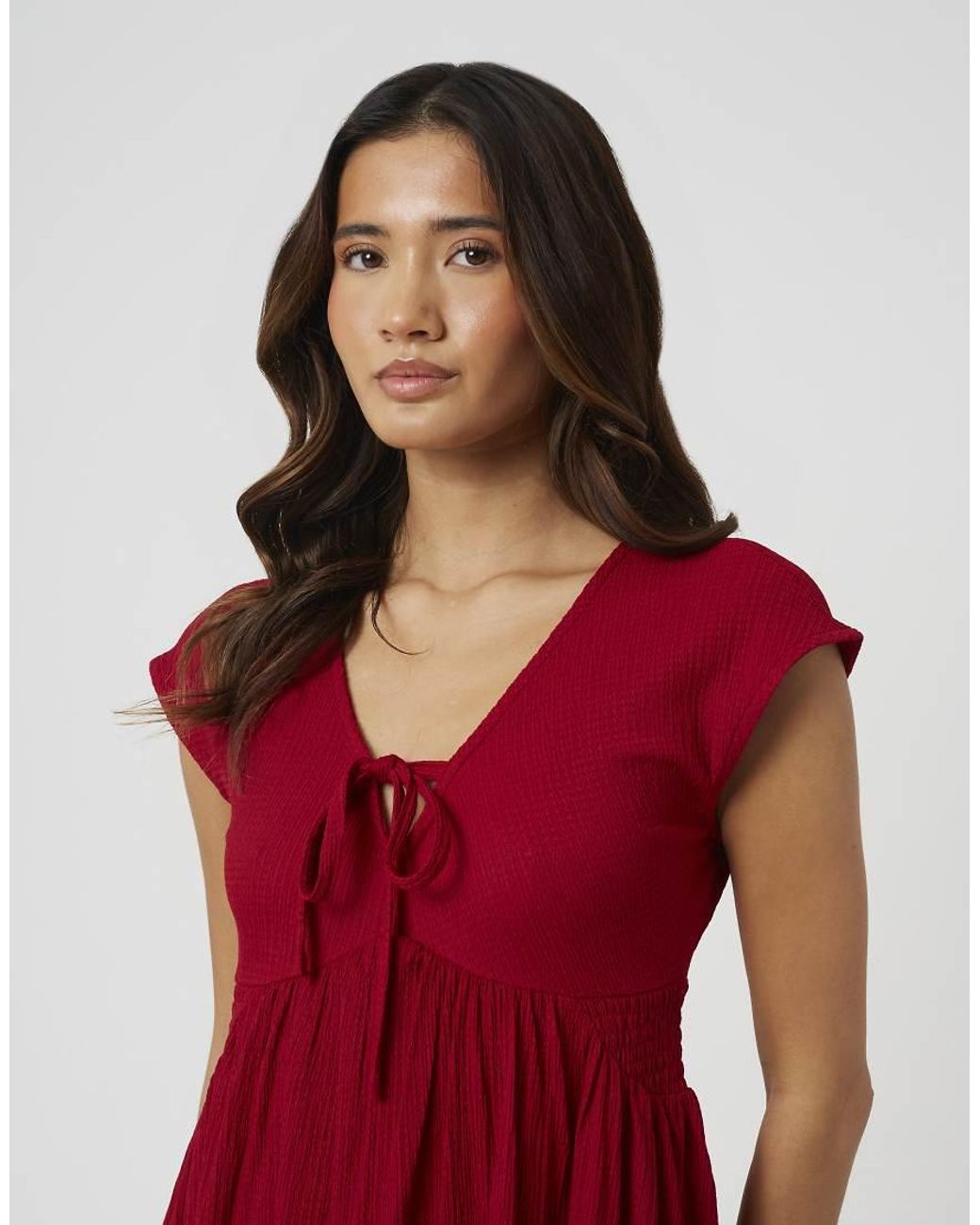 Brave Soul Textured Jersey V-Neck Midi Dress With Tie Detail