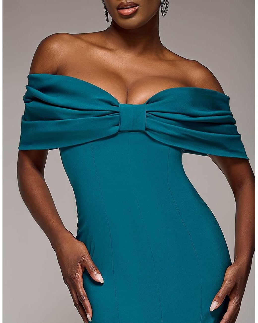 Goddiva Blue Bardot Bow Neck Maxi Dress