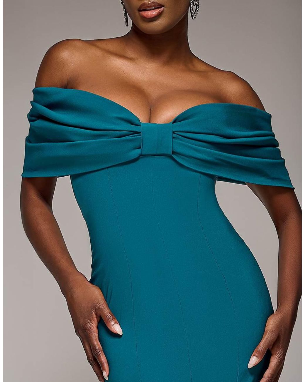 Goddiva Blue Bardot Bow Neck Maxi Dress