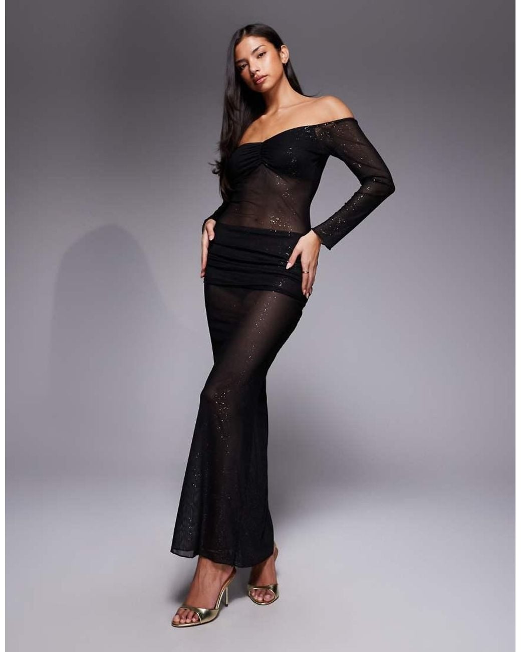 Fashionkilla Multicolor Glitter Mesh Long Sleeve Sheer Insert Ruched Detail Maxi Dress