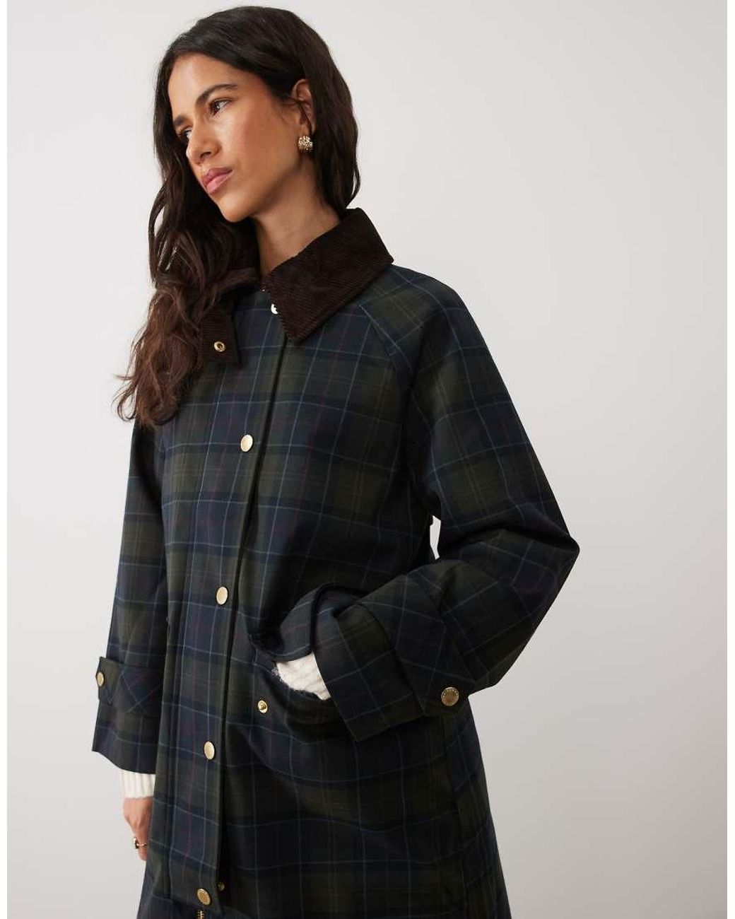 Barbour Blue Sally Showerproof Long Tartan Check Jacket