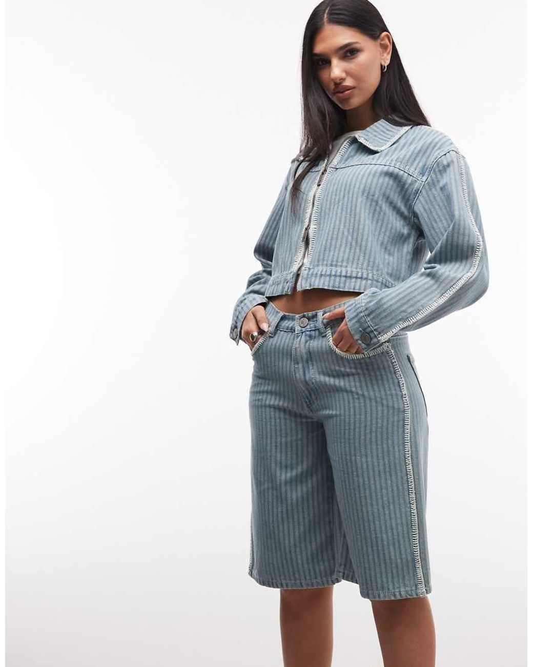 Liquor N Poker Blue Pinstripe Jorts With Embroidered Hem