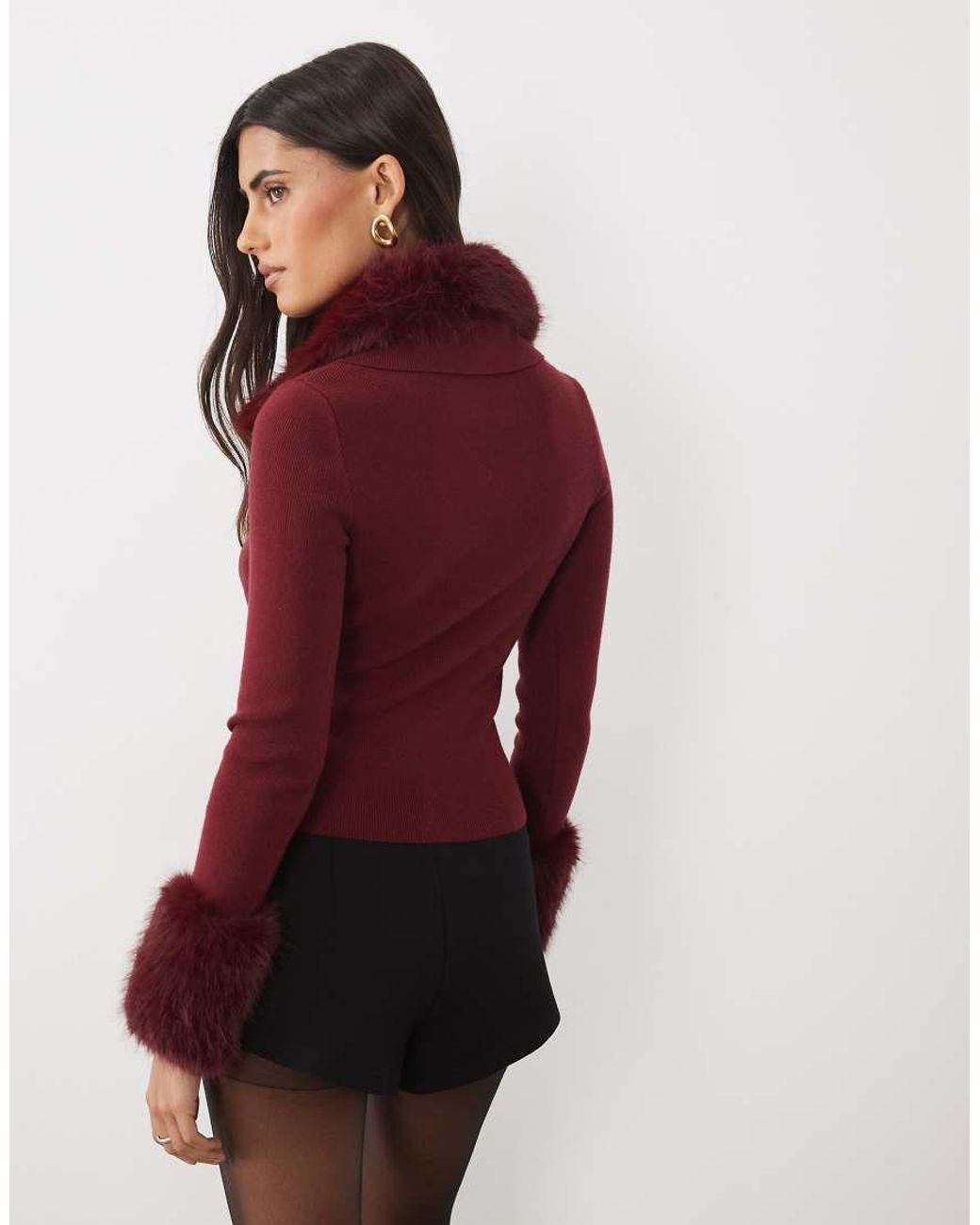 The Frolic Red Exclusive Knitted Faux Fur Collar & Cuff Cardigan