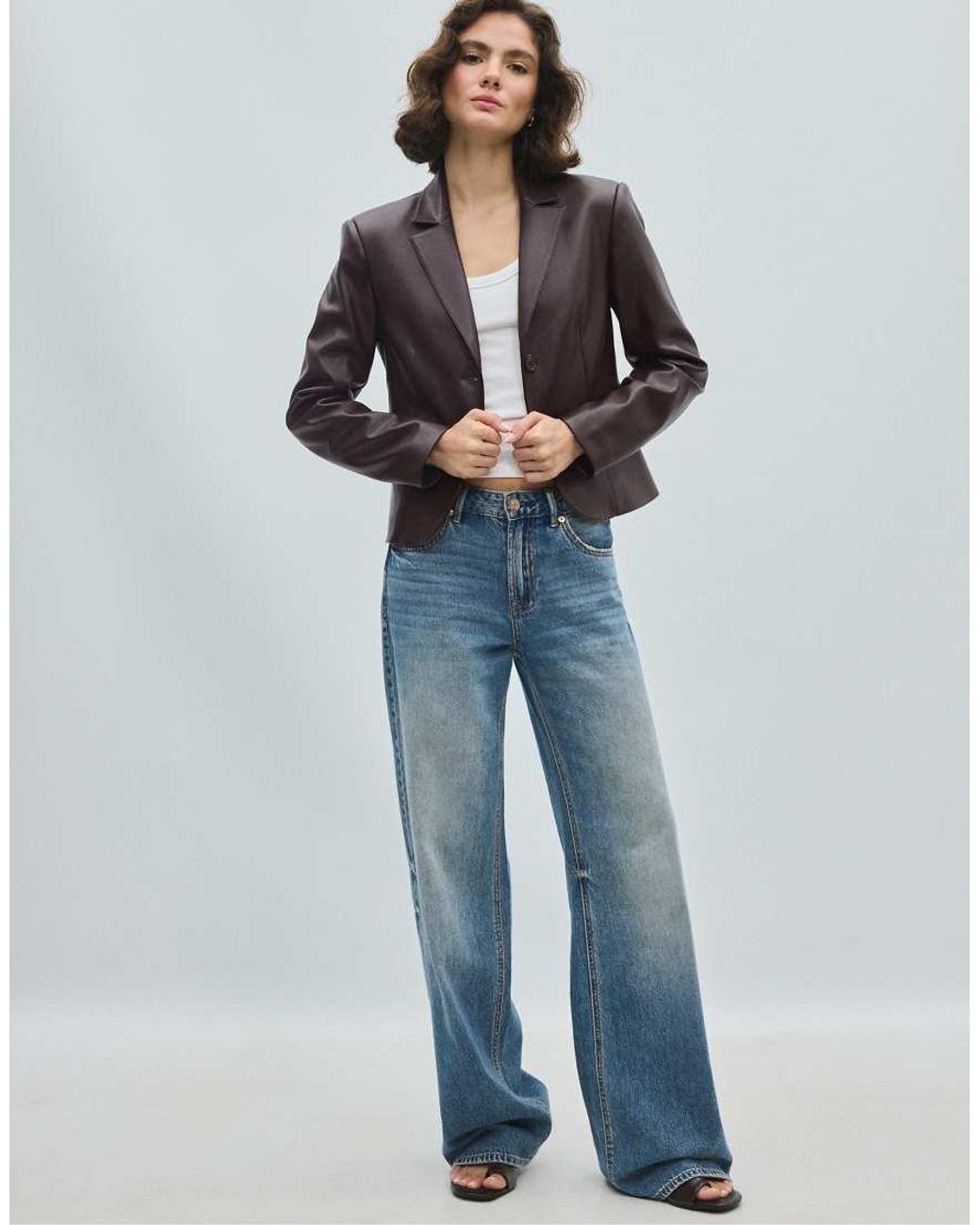 Stradivarius Blue Short Fitted Leather Effect Blazer