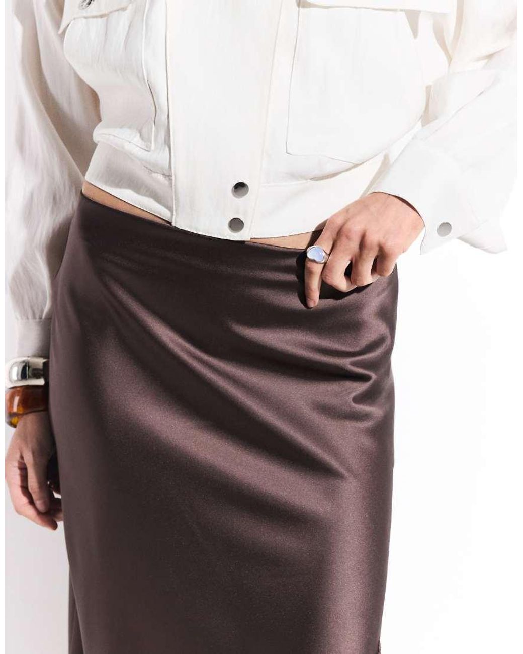 ONLY Brown Asymmetric Satin Lace Midi Skirt