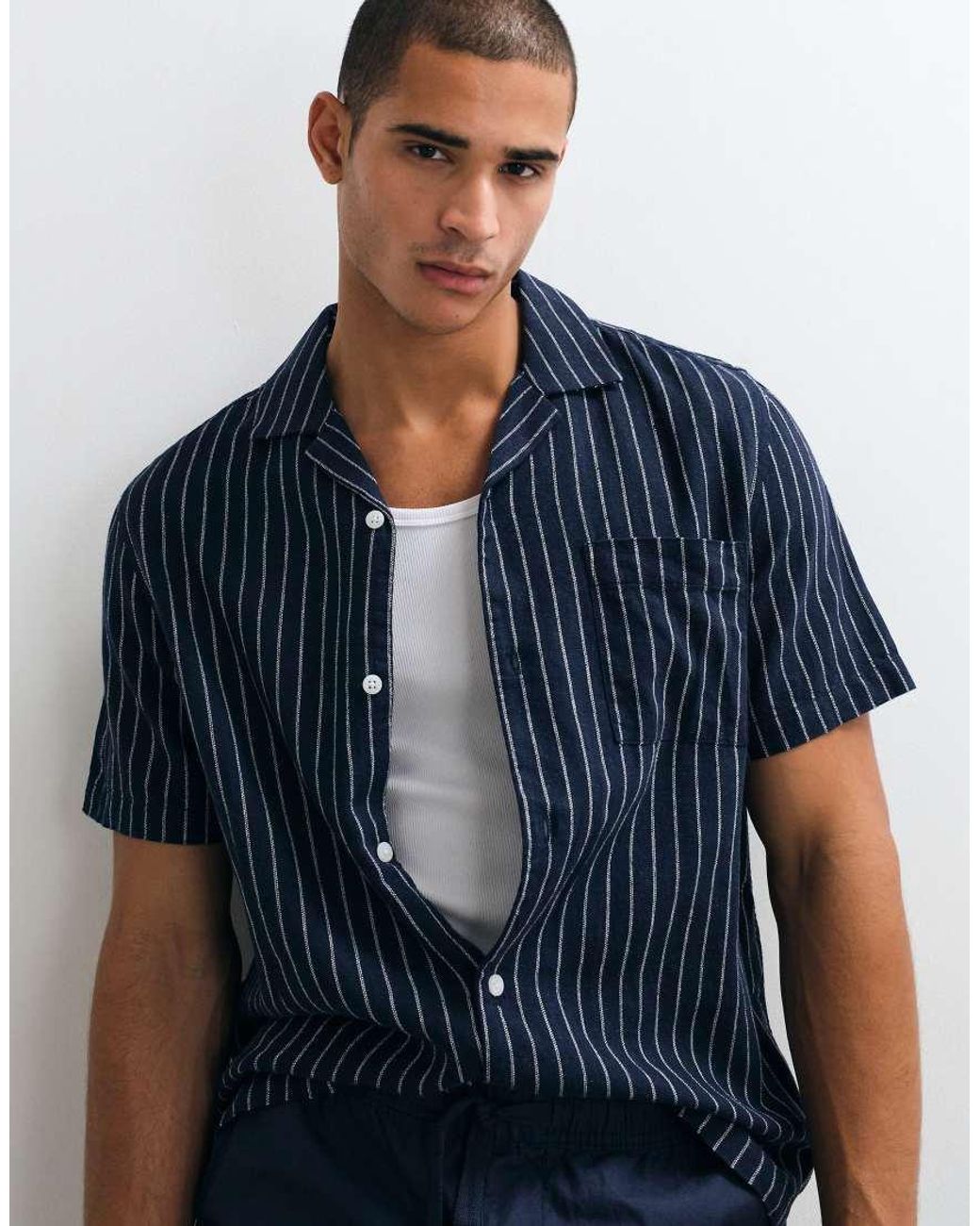 ASOS Blue Regular Fit Linen Blend Stripe Shirt for men