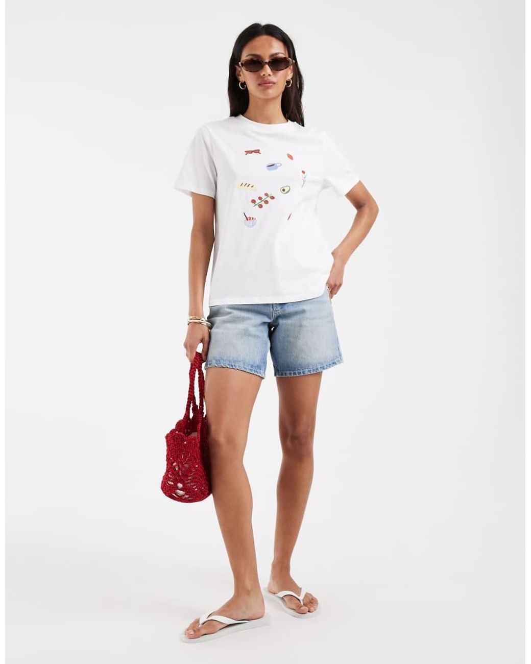 Pieces White Embroidered Moments Graphic T-shirt