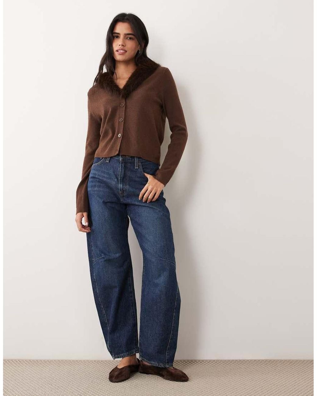 Pieces Brown Fur Trim Knitted Cardigan