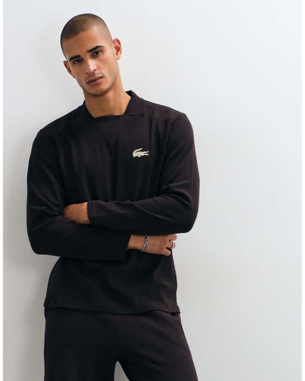 Lacoste Black Long Sleeve Waffle Co-Ord Croc Logo Loungewear T-Shirt for men