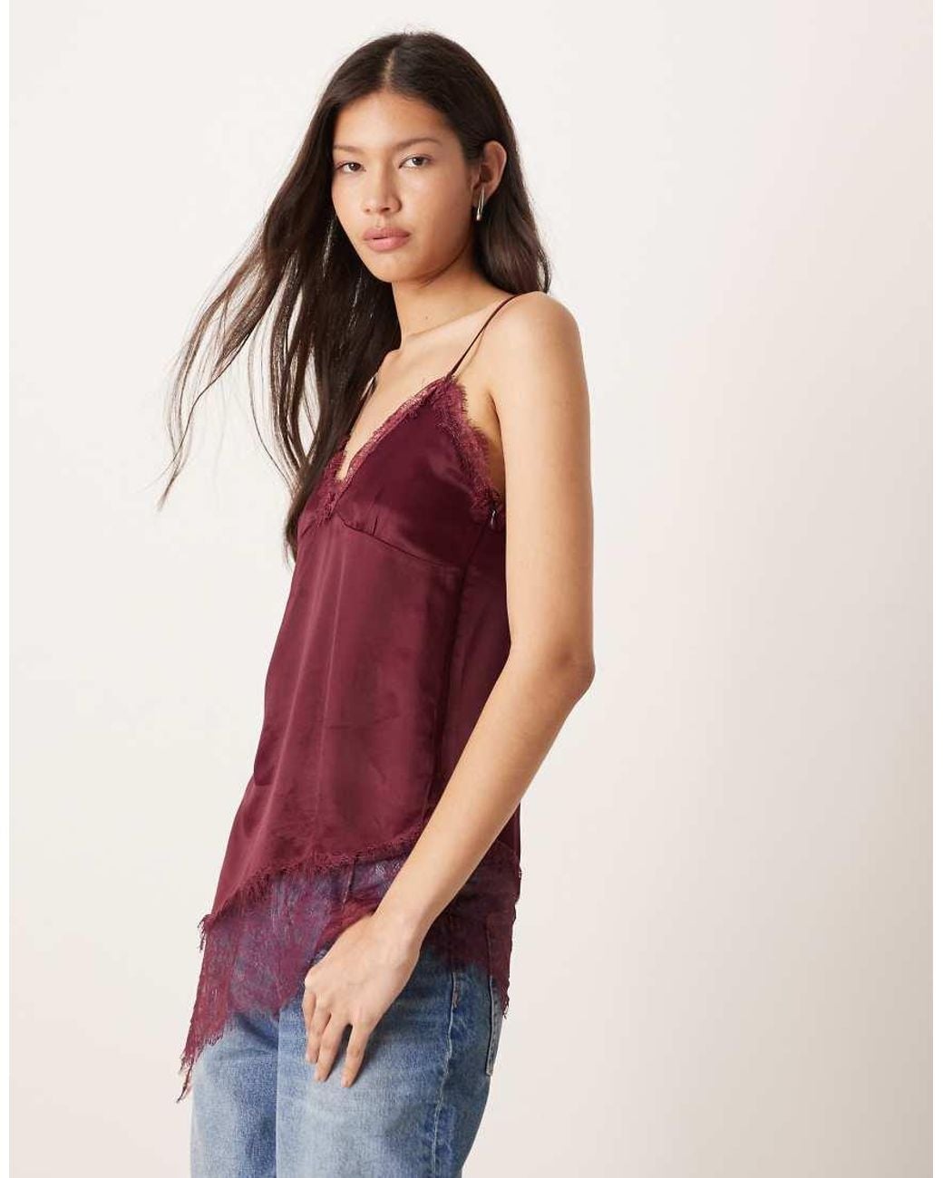 ASOS Purple Satin Lace Trim Asym Hem Cami Top