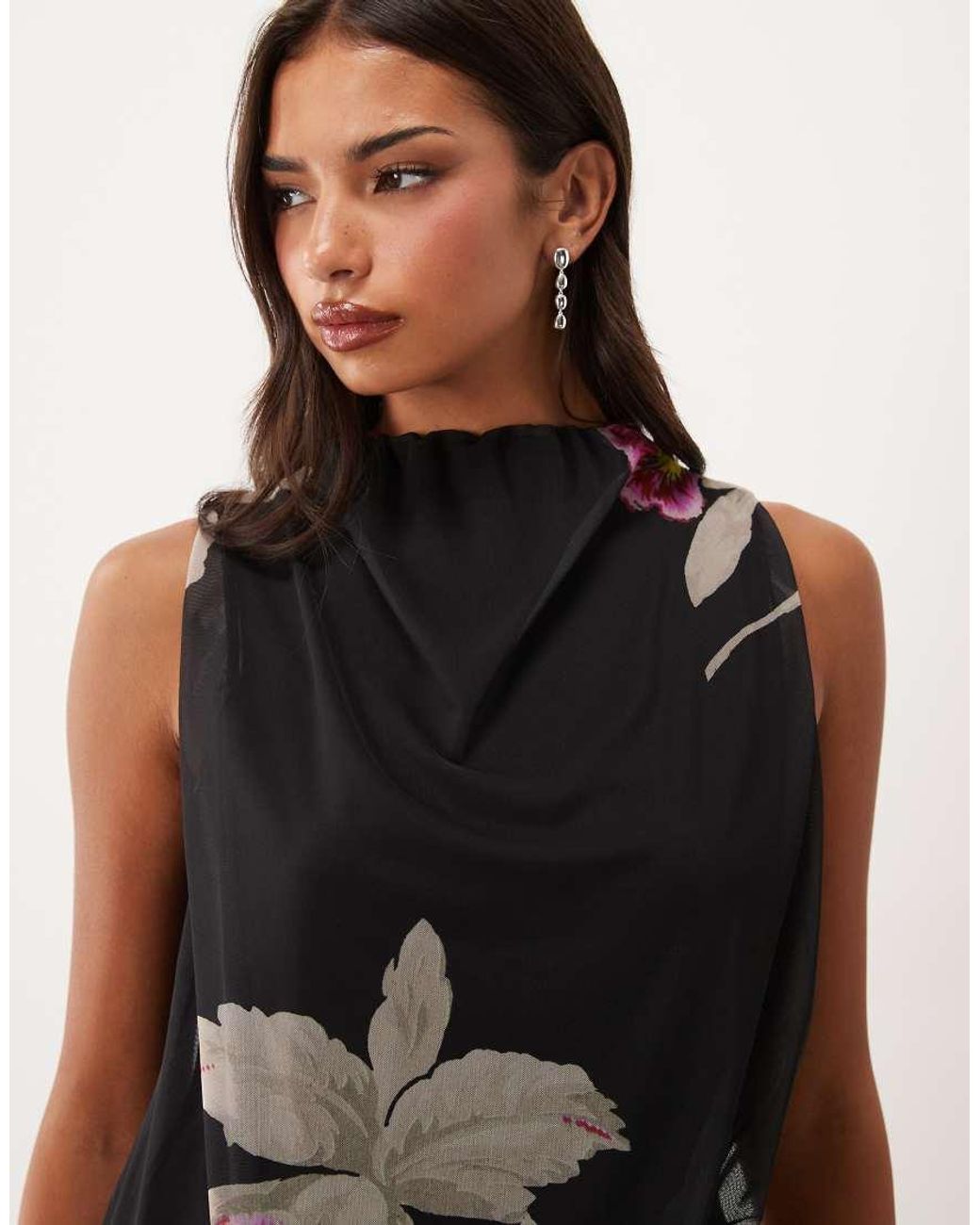 ASOS White Asymmetric Printed Mesh Blouson Maxi Dress With Grown On Neck