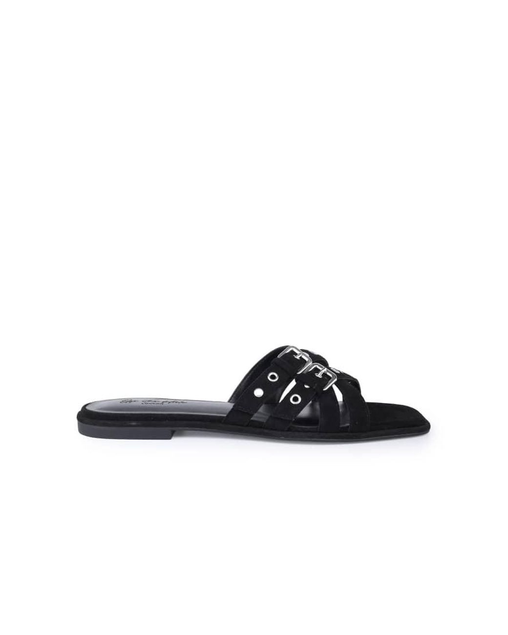 OFF THE HOOK Black Isla Suede Leather Eyelet Strappy Flat Sandals