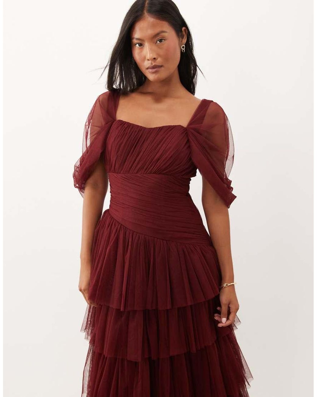 LACE & BEADS Red Tulle Fallen Shoulder Asymmetric Ruffle Detail Maxi Dress