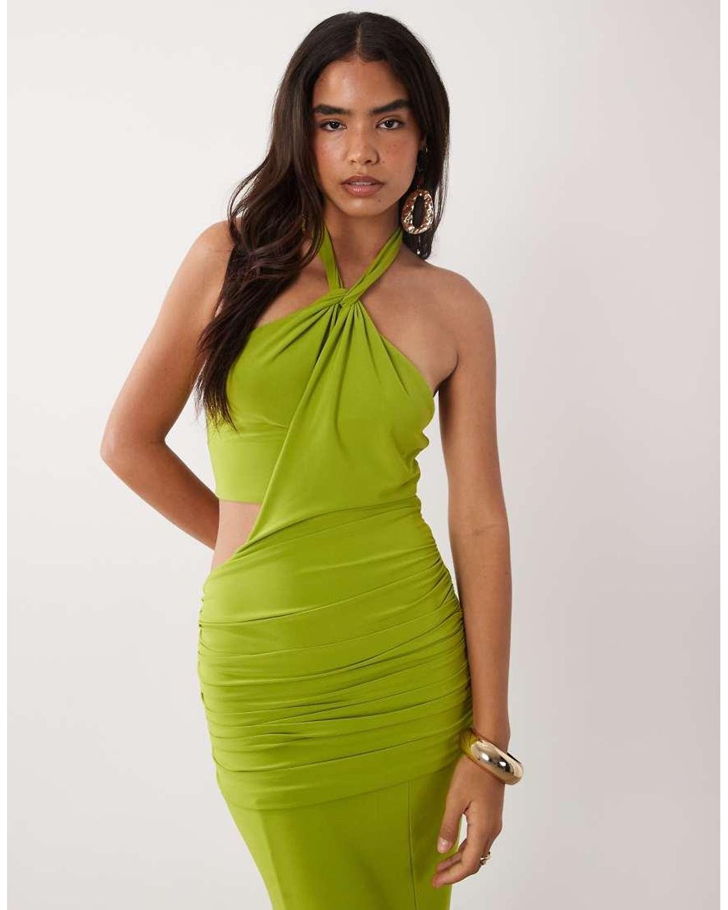 ASOS Green Slinky Halter Neck Gathered Maxi Dress