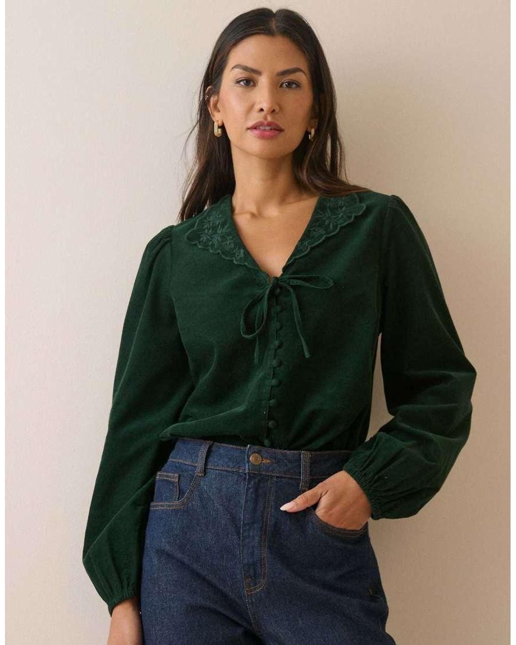 Nobody's Child Green Forest Floral Embroidered Collar Cord Blouse