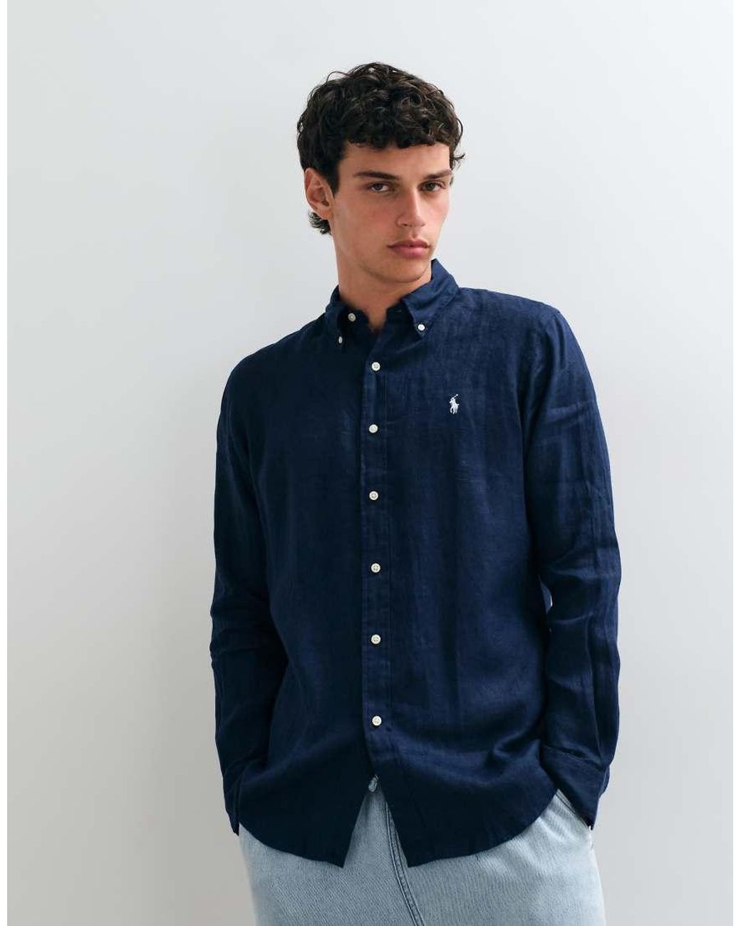 Polo Ralph Lauren Blue Icon Logo Long Sleeve Linen Shirt for men