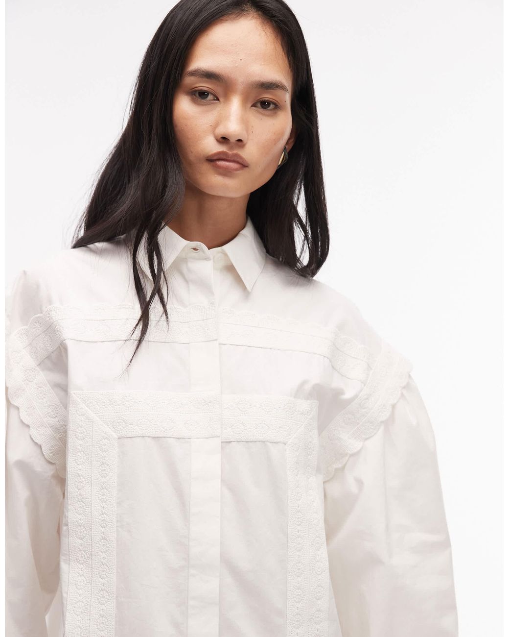 ASOS White Poplin Mini Shirt Dress With Lace Trim