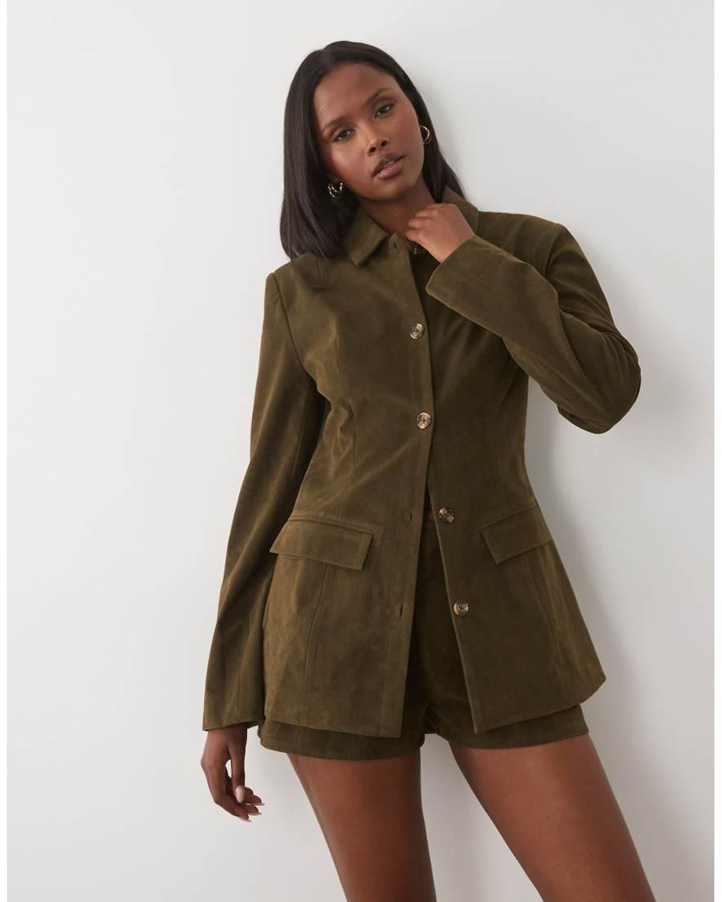 Kaiia Green Exclusive Faux Suede Cinched Waist Longline Blazer