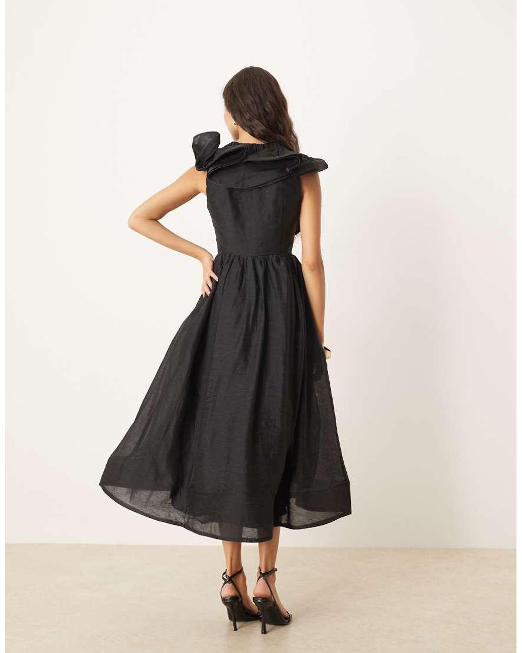 True Decadence Black Ruffle Neck Midi Dress
