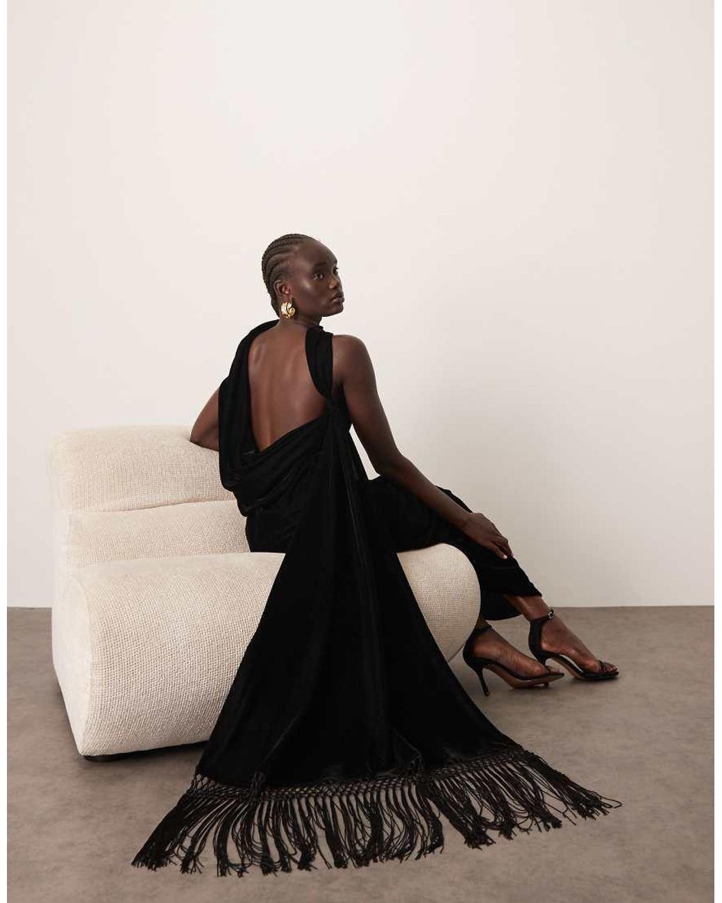 ARRANGE Black Scarf Neck Draped Velvet Maxi Dress With Low Back And Train