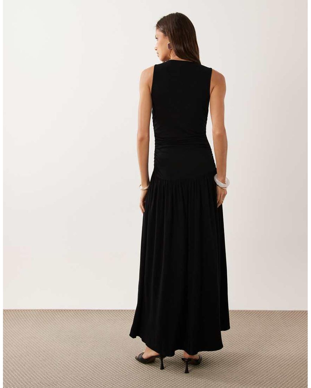Mango Black V Neck Ruched Maxi Dress