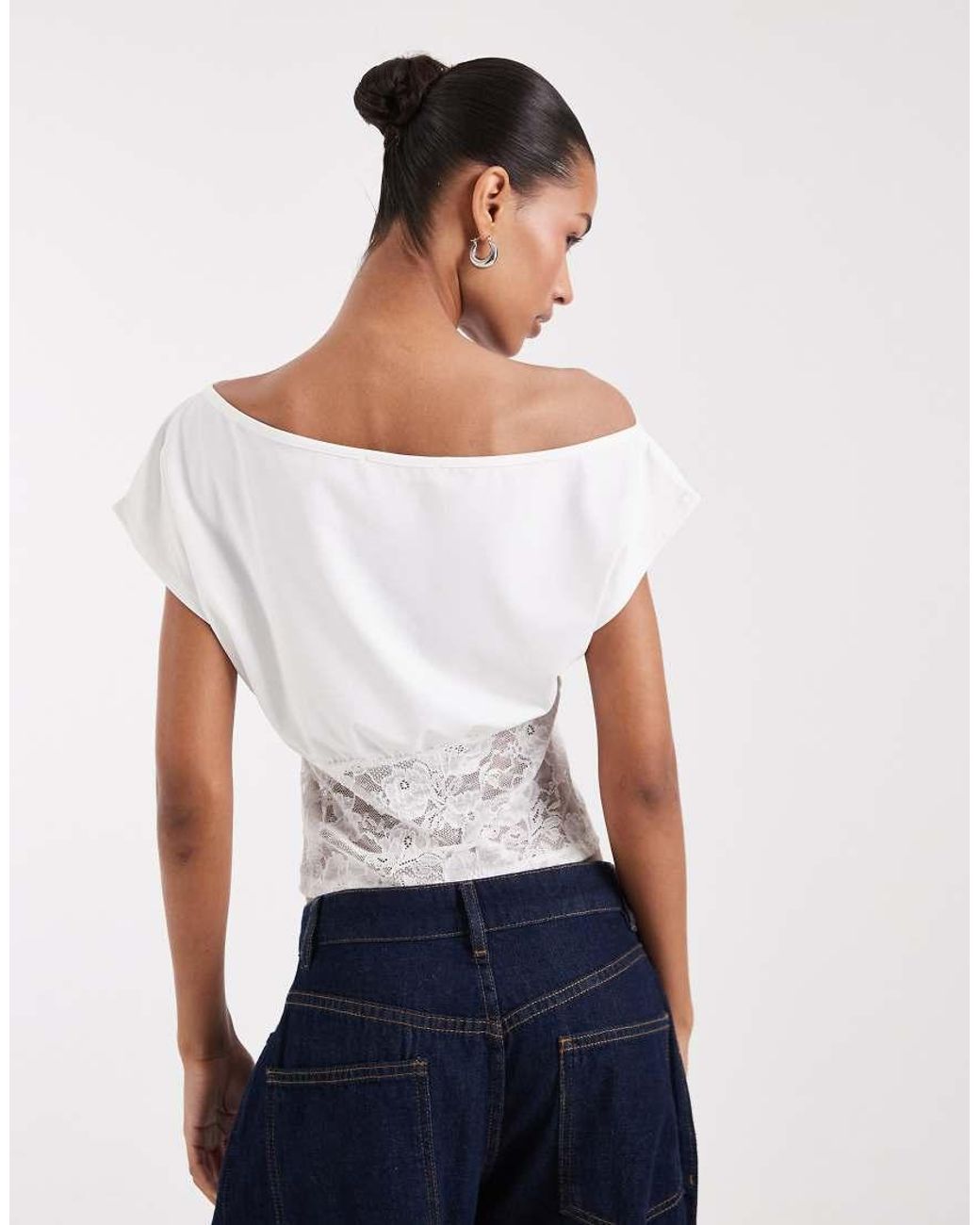 BRONZE SNAKE White Off Shoulder Top With Lace Panel