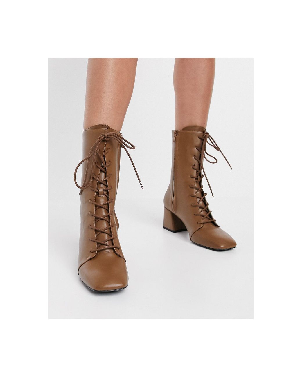 Monki Thelma Vegan Leather Lace Up Heeled Boot in Brown | Lyst