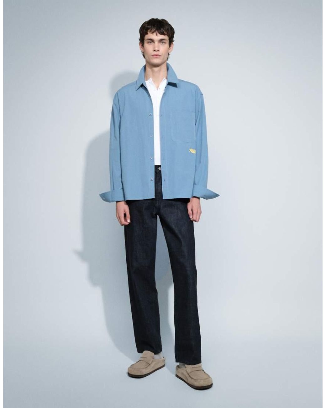 ASOS Blue Oversized Poplin Shirt With Chest Embroidery for men