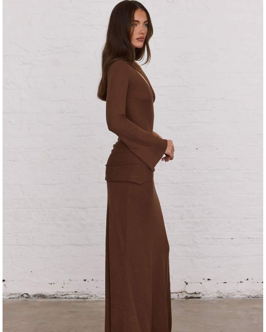 Aria Cove Brown Knit Cut Out One Shoulder Draped Detailing Maxi Dress