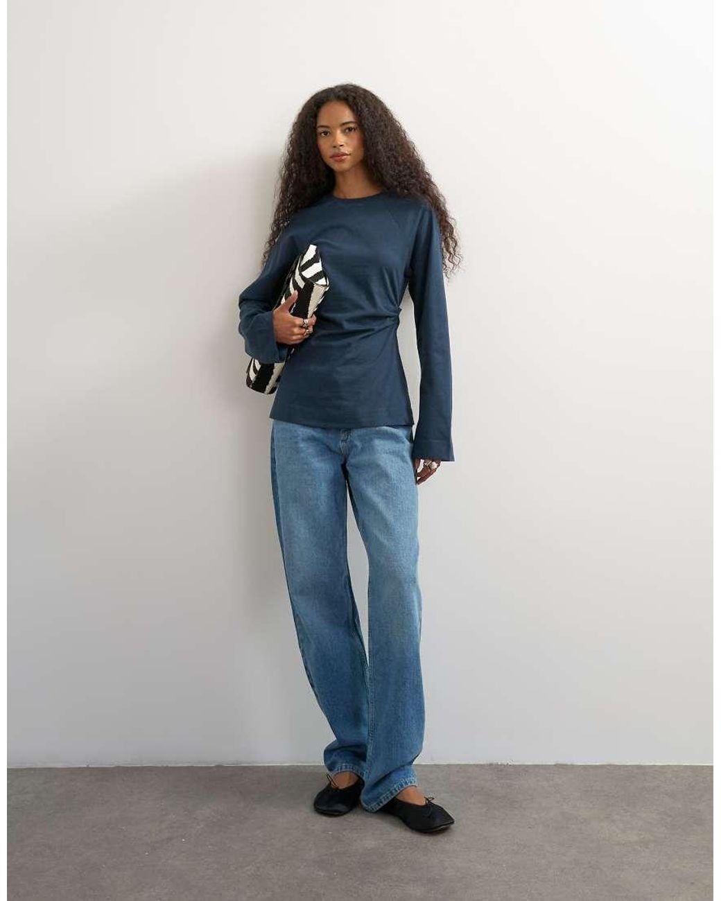 TOPSHOP Blue Cinched Waist Long Sleeve Raglan T-shirt