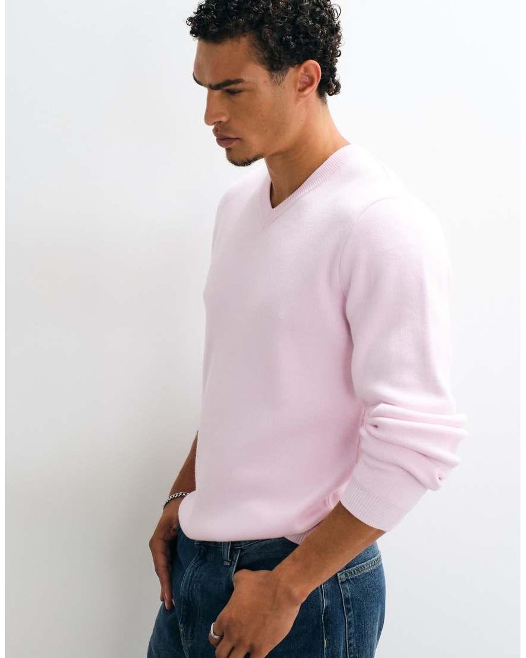 ASOS Pink Oversized V-Neck Knitted Jumper for men