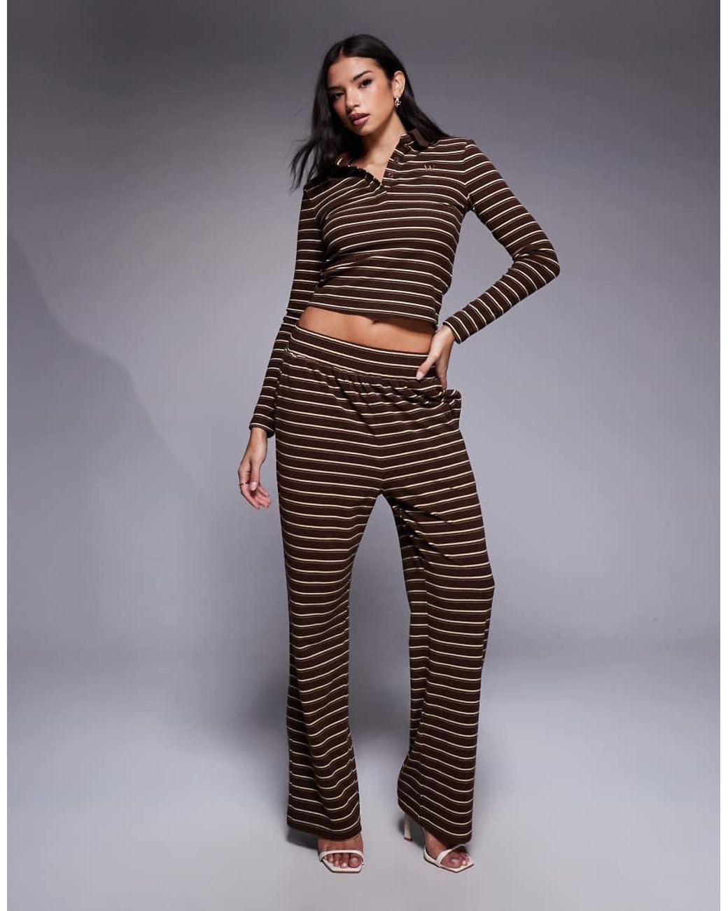 Wanderdoll Brown Frankie Premium Heavyweight Jersey Collar Detail Long Sleeve Polo Top Co-Ord