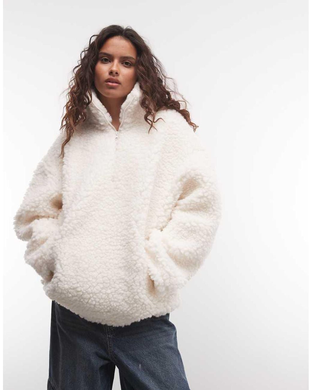 ASOS White High Pile Borg Half Zip