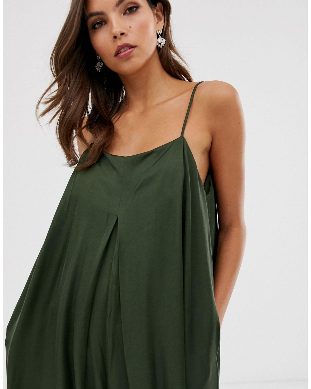 ASOS Satin Pleat Front Jumpsuit With Extreme Wide Leg in Green | Lyst