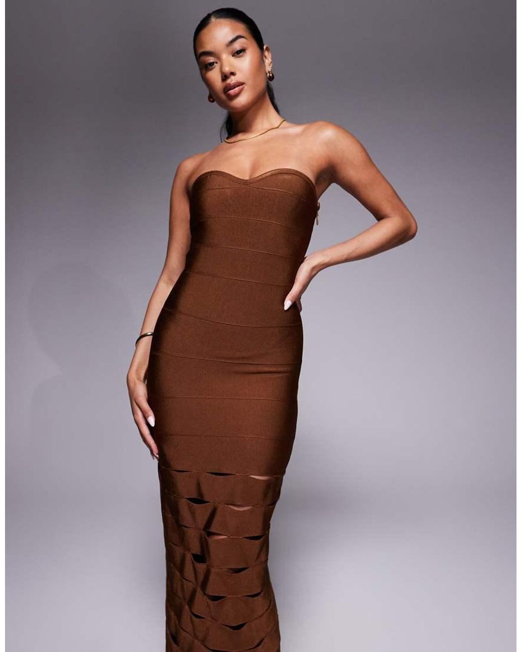ASOS Brown Bandage Bandeau Midi Dress With Cut Outs