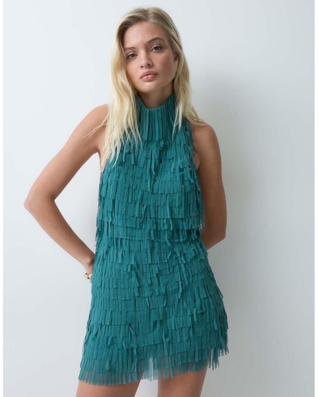 ASOS Blue Ribbon Fringe Halter Mini Dress
