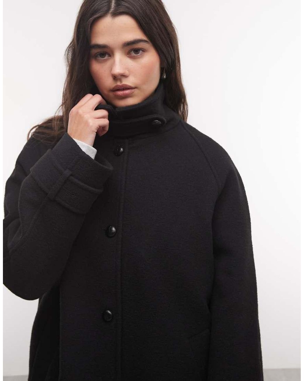 Monki Black Wool Blend Funnel Neck Coat