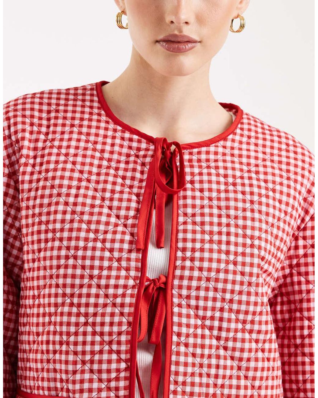 Pieces Red Tie Front Quilted Jacket